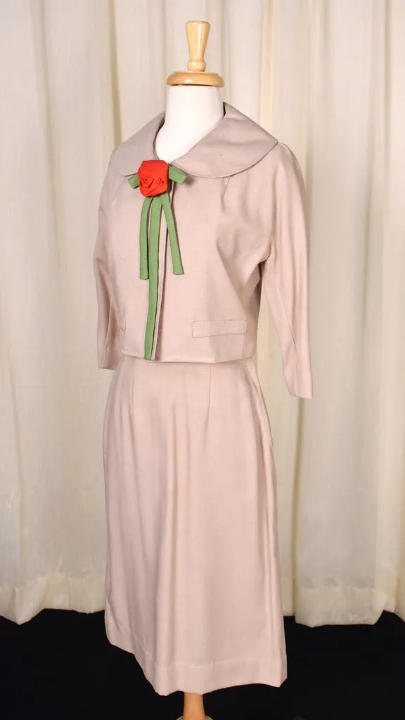 1950s Vintage Red Rose Tan Skirt Suit