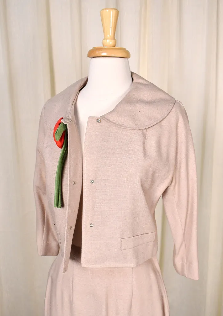 1950s Vintage Red Rose Tan Skirt Suit