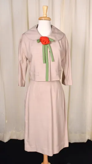 1950s Vintage Red Rose Tan Skirt Suit