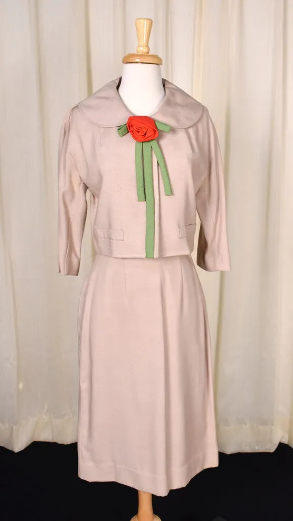 1950s Vintage Red Rose Tan Skirt Suit