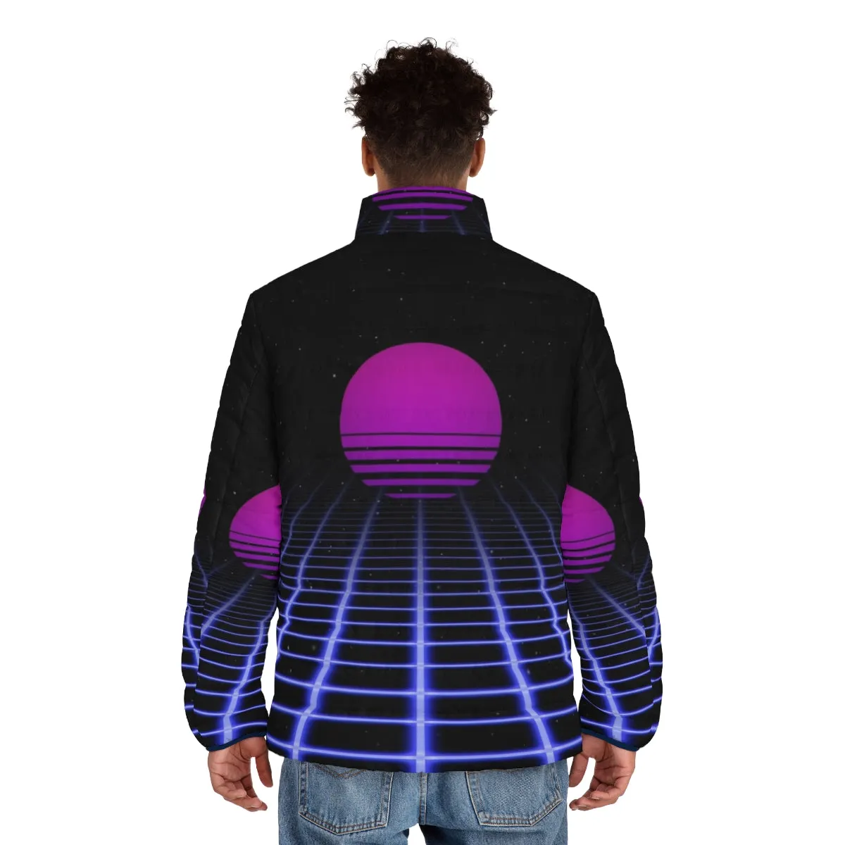 80s Digital Sunset Puffer Jacket: Retro Aesthetic Outerwear