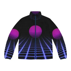80s Digital Sunset Puffer Jacket: Retro Aesthetic Outerwear