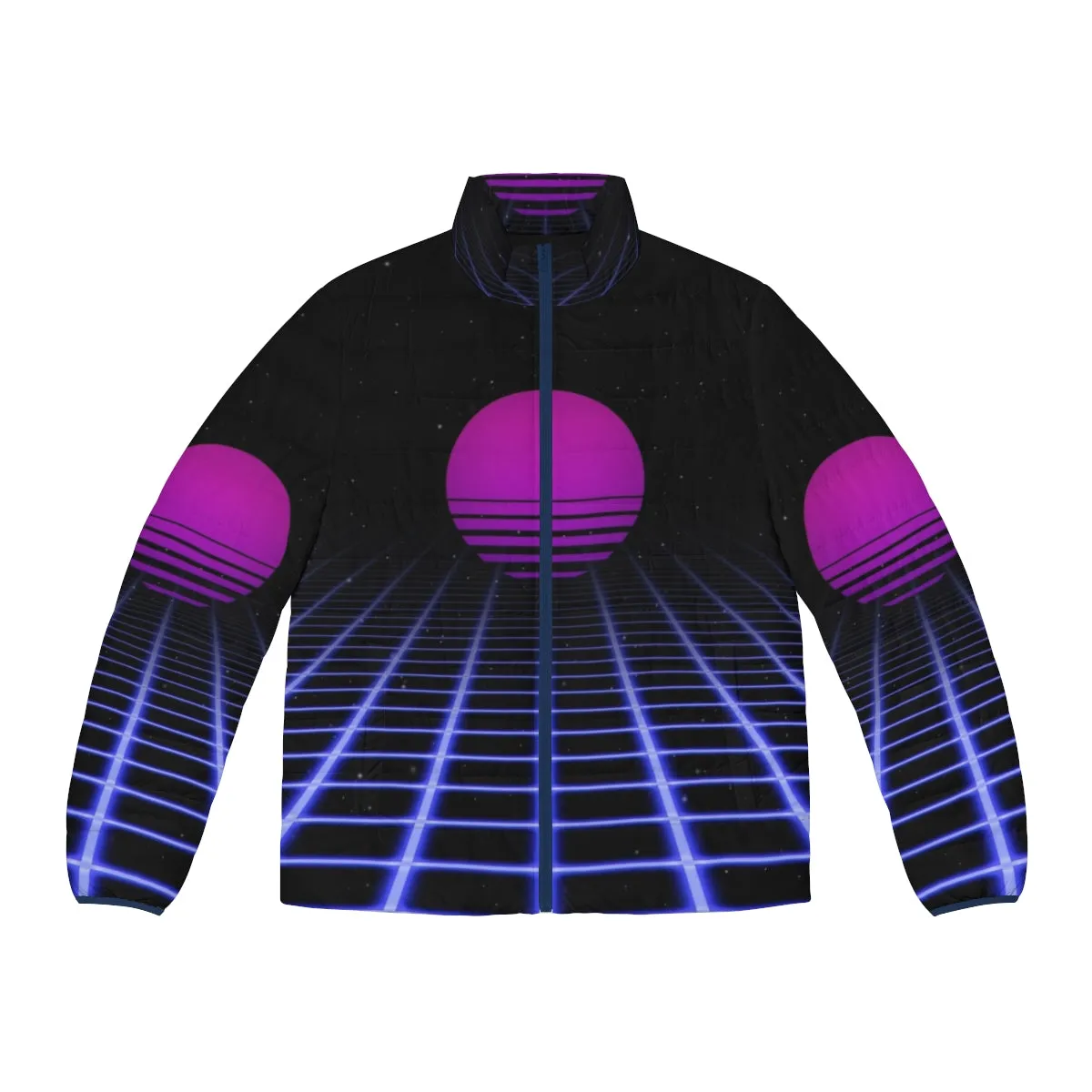 80s Digital Sunset Puffer Jacket: Retro Aesthetic Outerwear