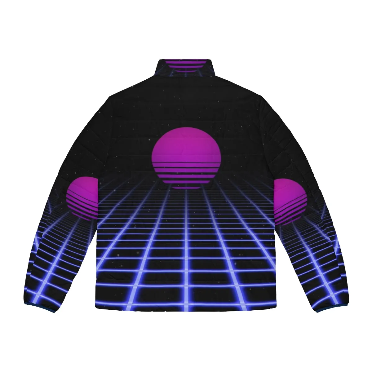 80s Digital Sunset Puffer Jacket: Retro Aesthetic Outerwear
