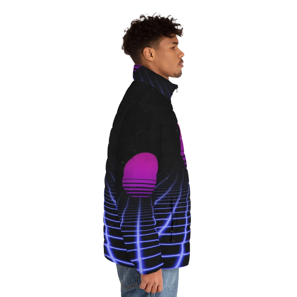 80s Digital Sunset Puffer Jacket: Retro Aesthetic Outerwear