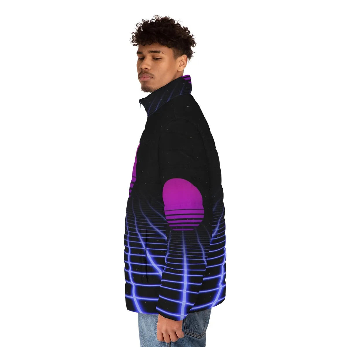 80s Digital Sunset Puffer Jacket: Retro Aesthetic Outerwear