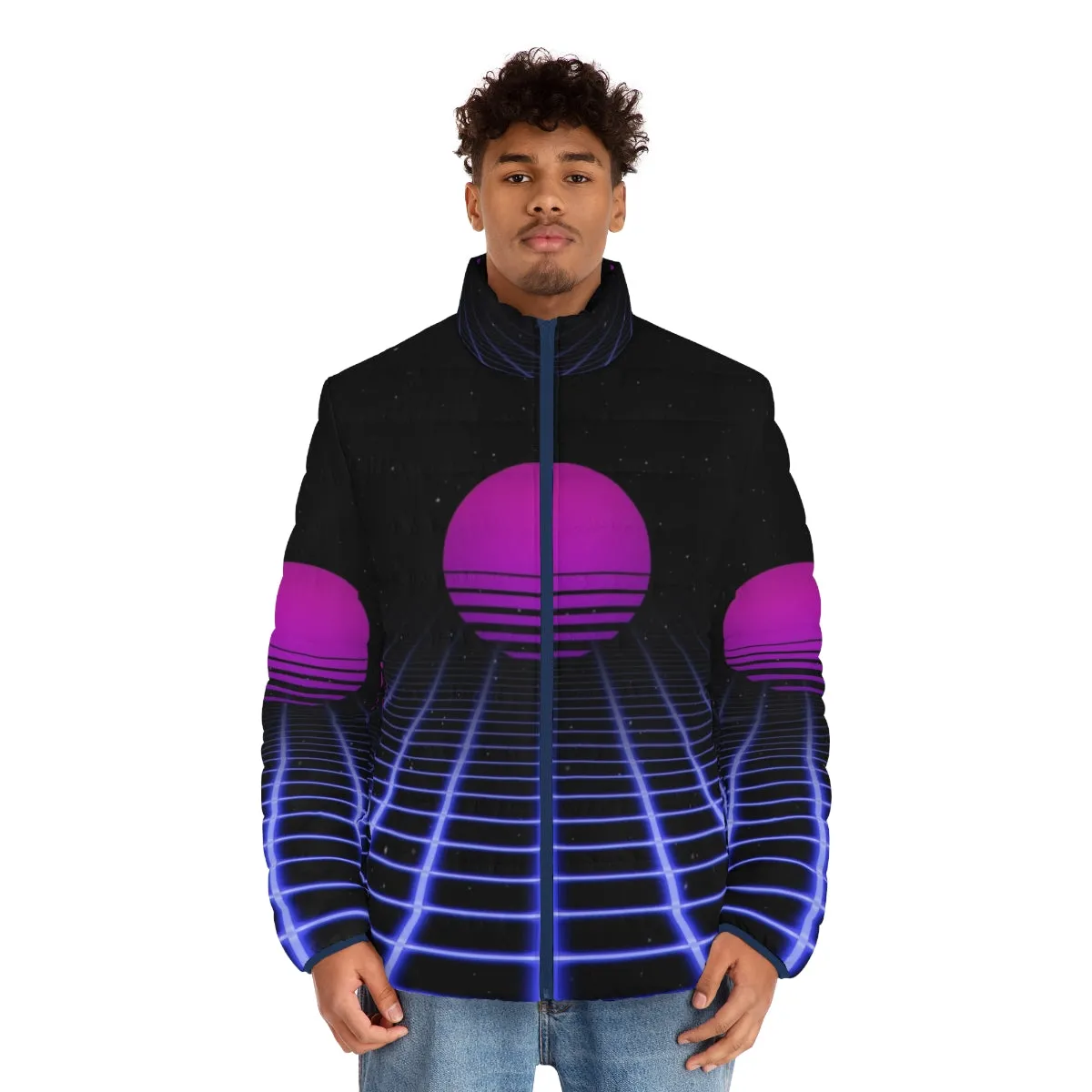 80s Digital Sunset Puffer Jacket: Retro Aesthetic Outerwear