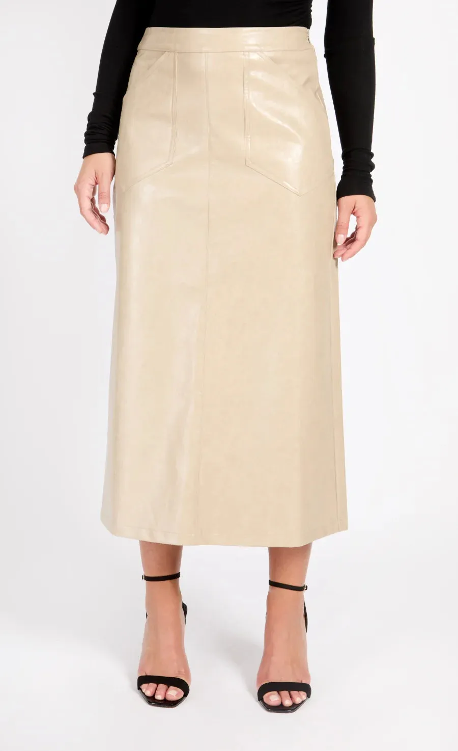 Amie Cracked Faux Leather Skirt (Oatmeal)