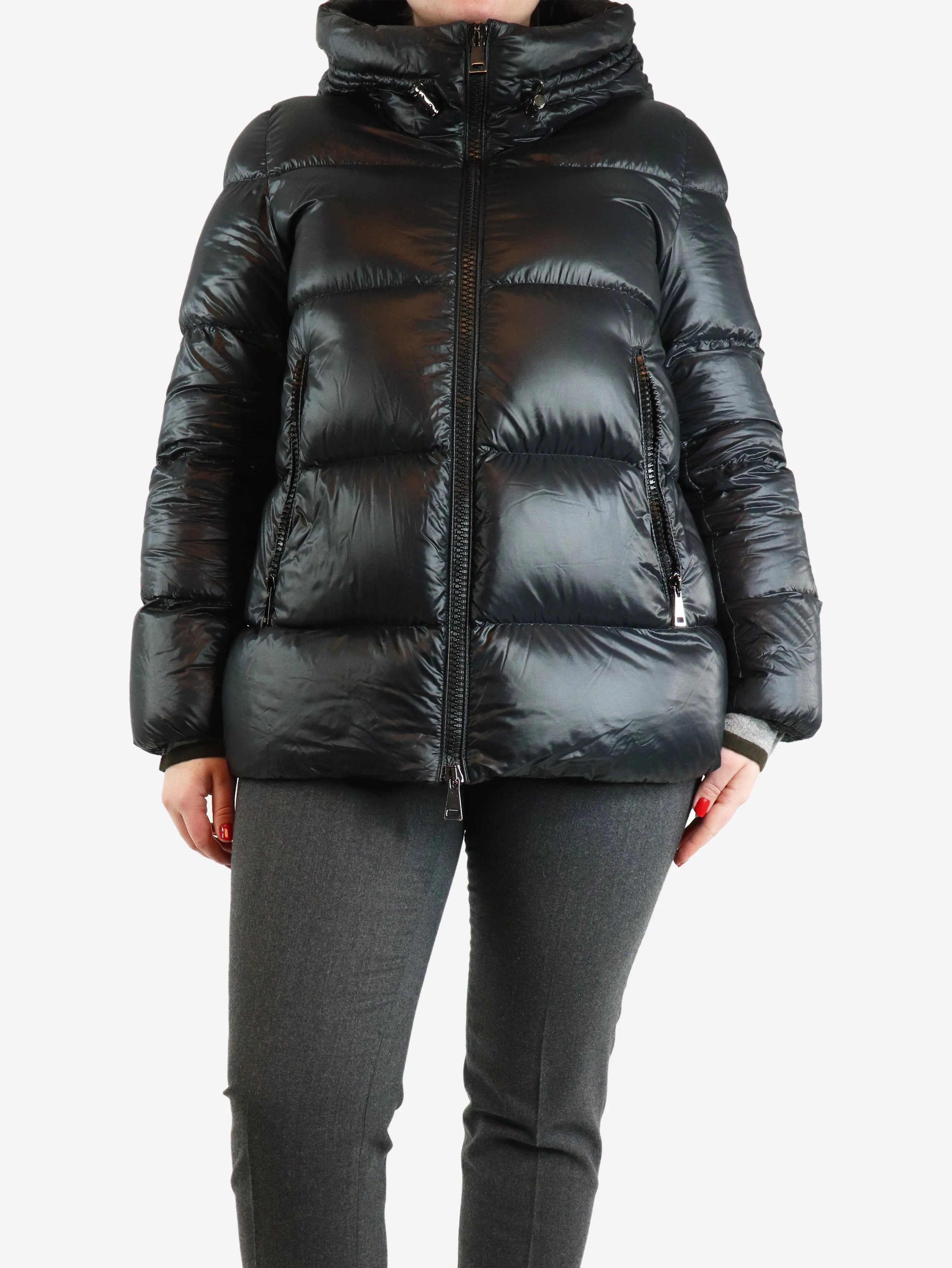 Black hooded puffer jacket - size UK 14