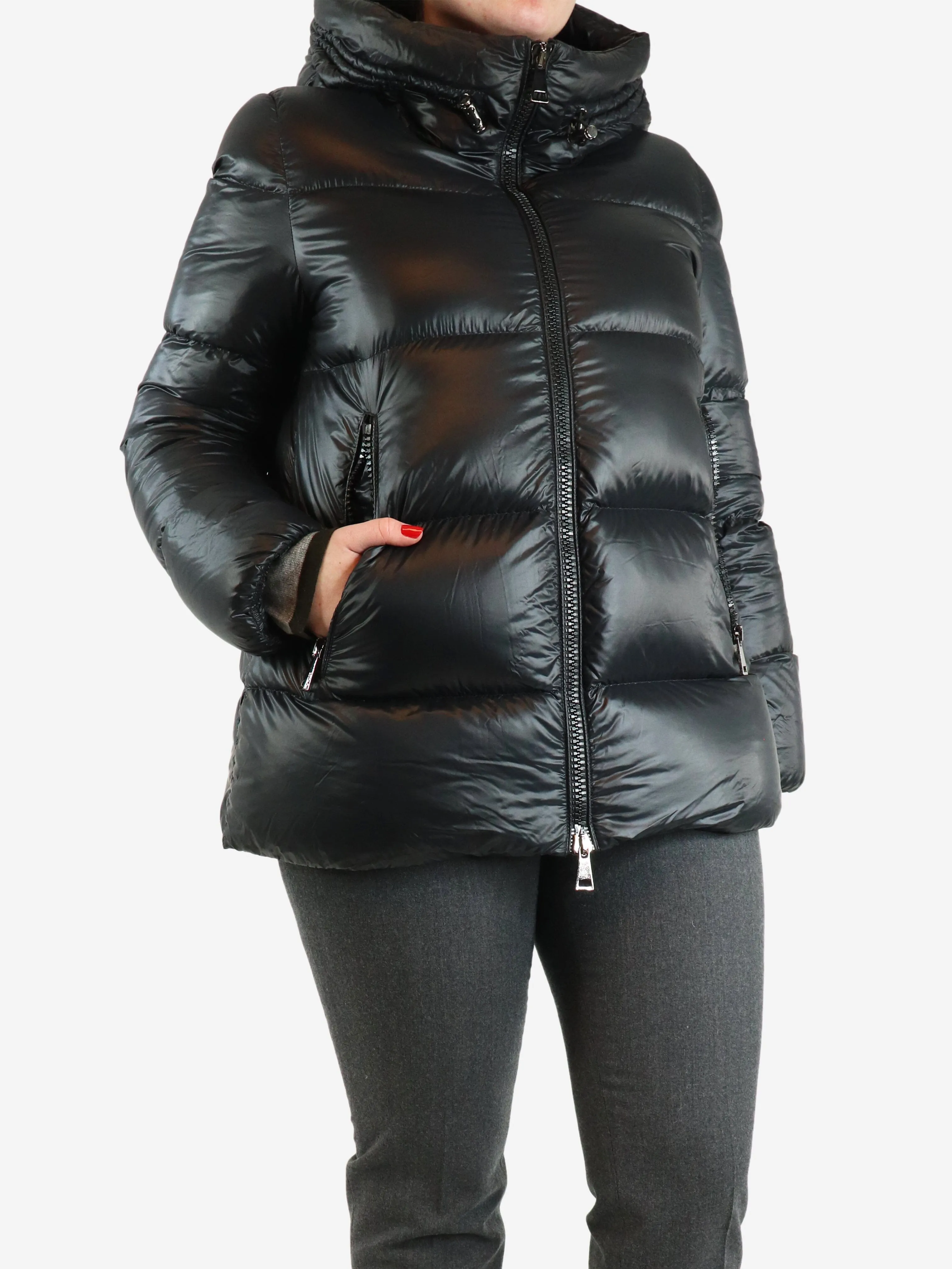 Black hooded puffer jacket - size UK 14