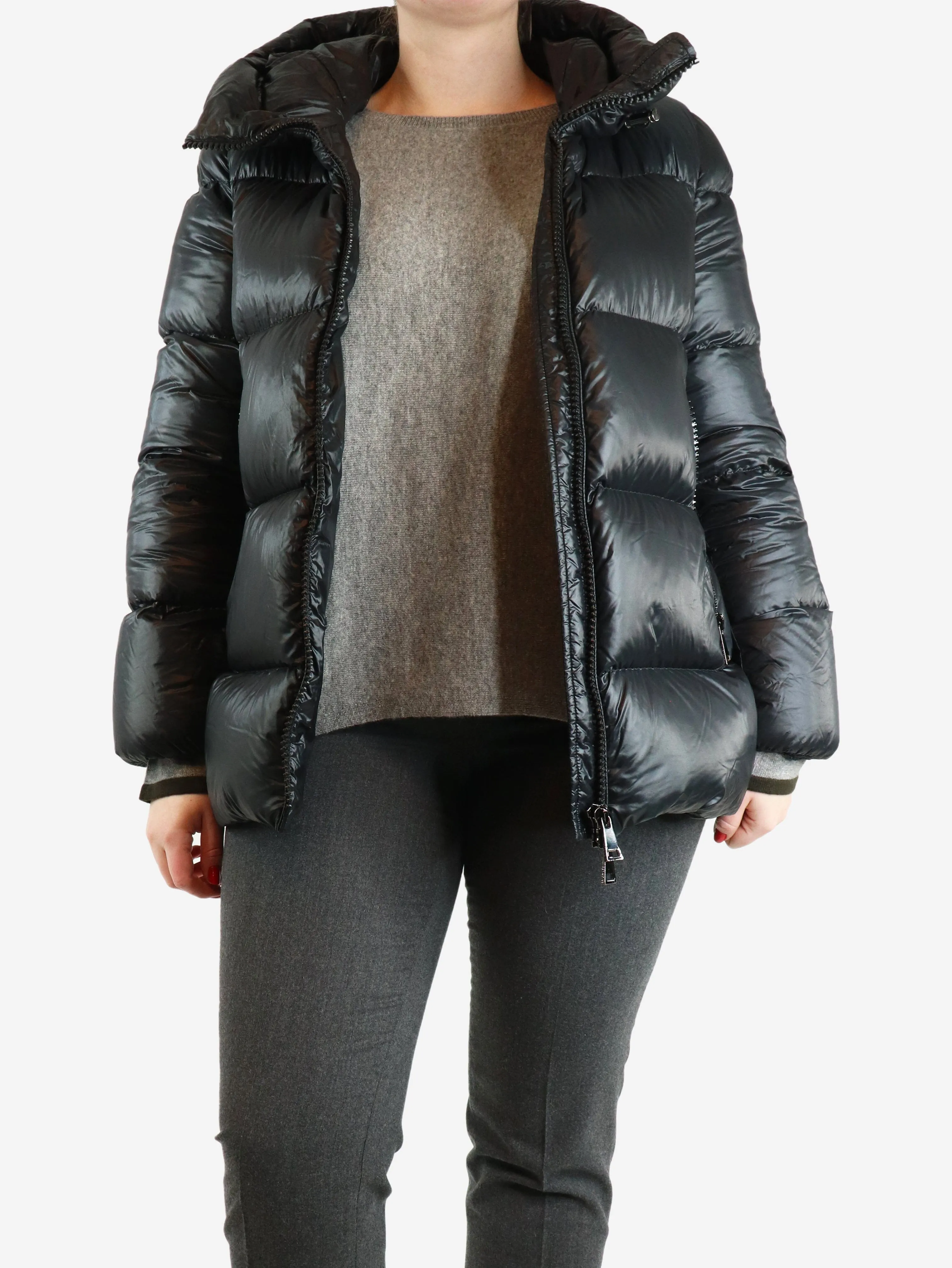 Black hooded puffer jacket - size UK 14