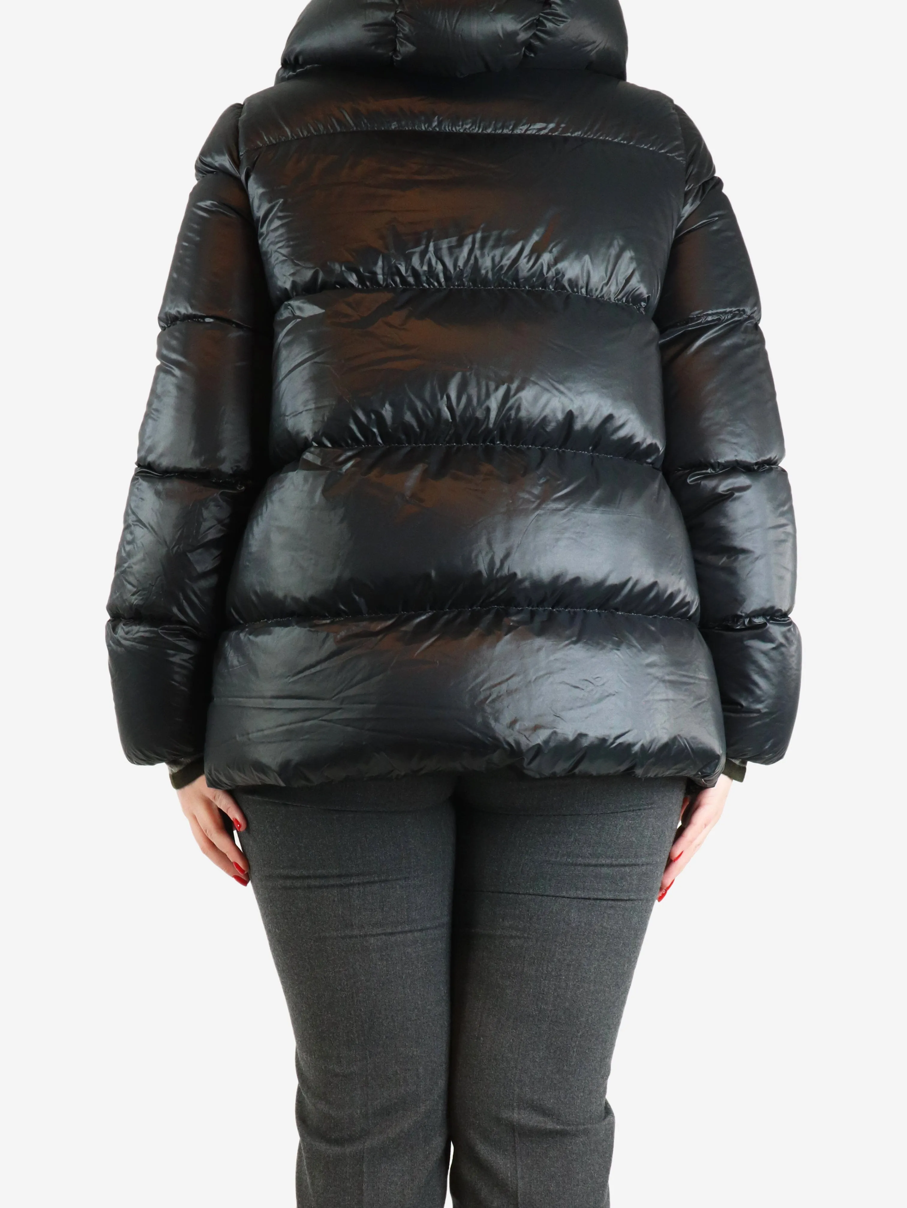 Black hooded puffer jacket - size UK 14