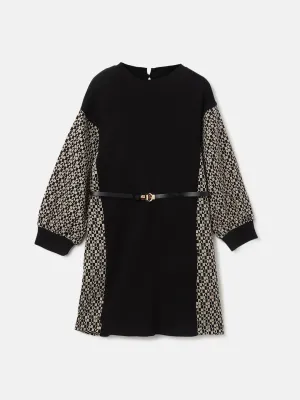 Blue Giraffe Girls Black Geometric Mock Neck Full Sleeves Shift Dress