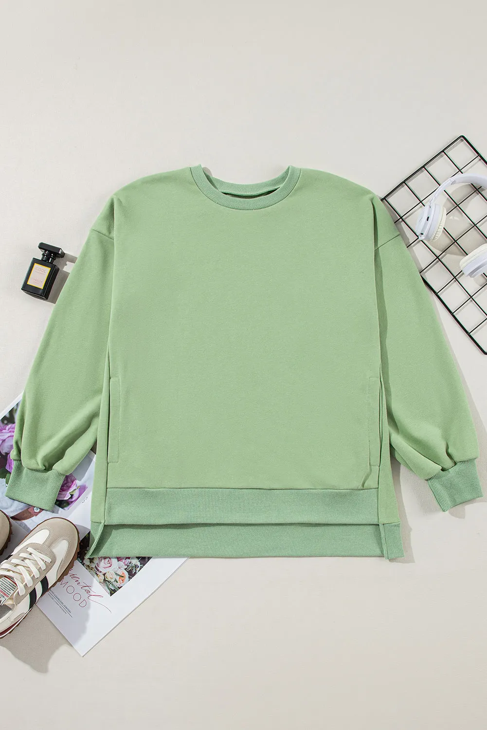 Bonbon Solid Fleece Lined Drop Shoulder High Low Sweatshirt