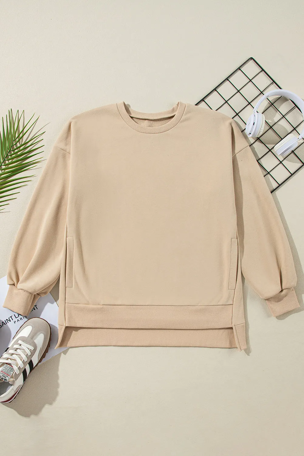 Bonbon Solid Fleece Lined Drop Shoulder High Low Sweatshirt