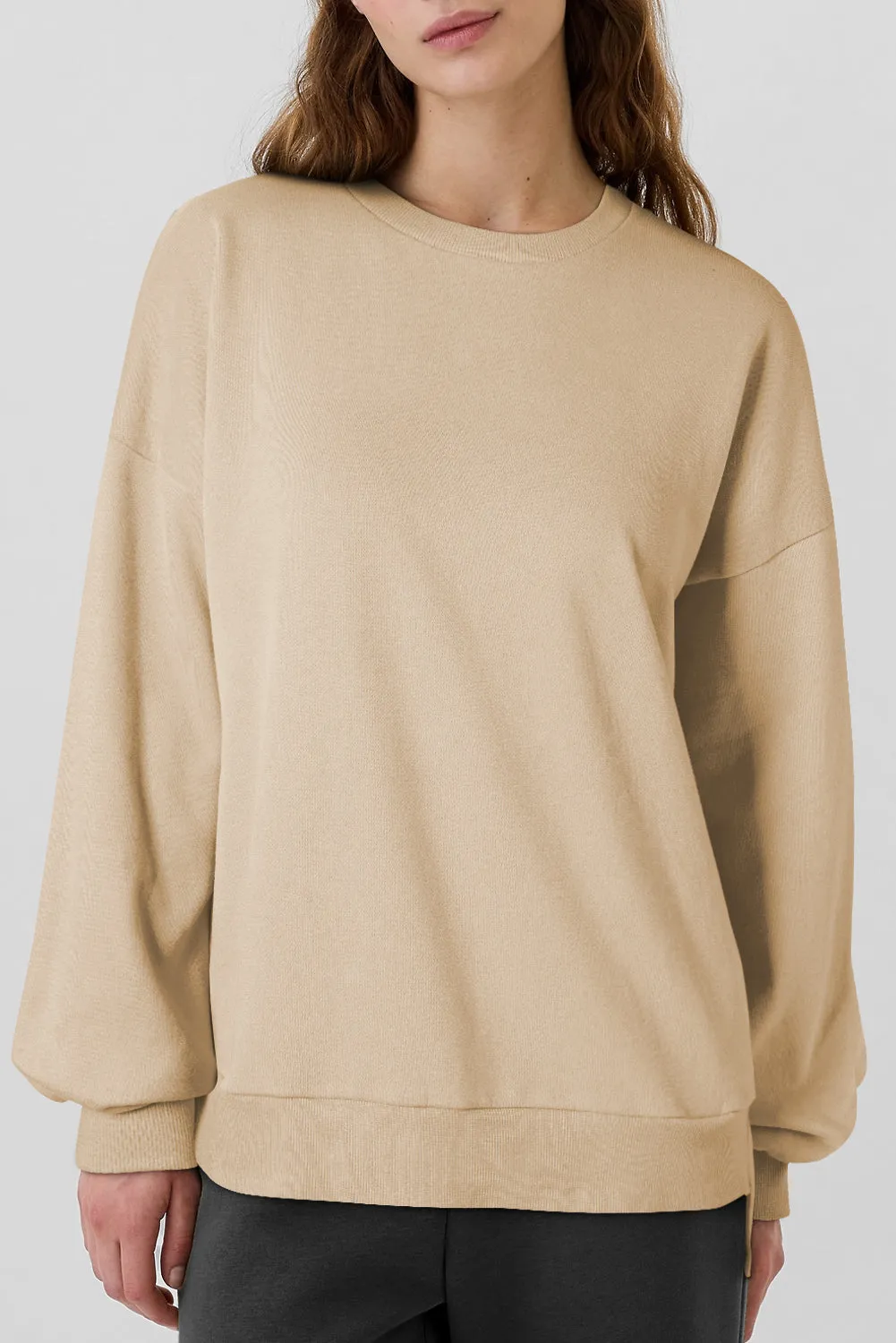 Bonbon Solid Fleece Lined Drop Shoulder High Low Sweatshirt