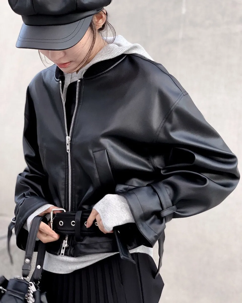 CROPPED VEGAN LEATHER BOMBER JACKET