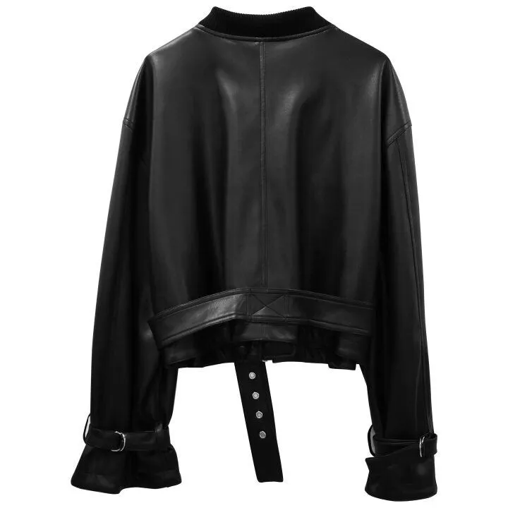 CROPPED VEGAN LEATHER BOMBER JACKET