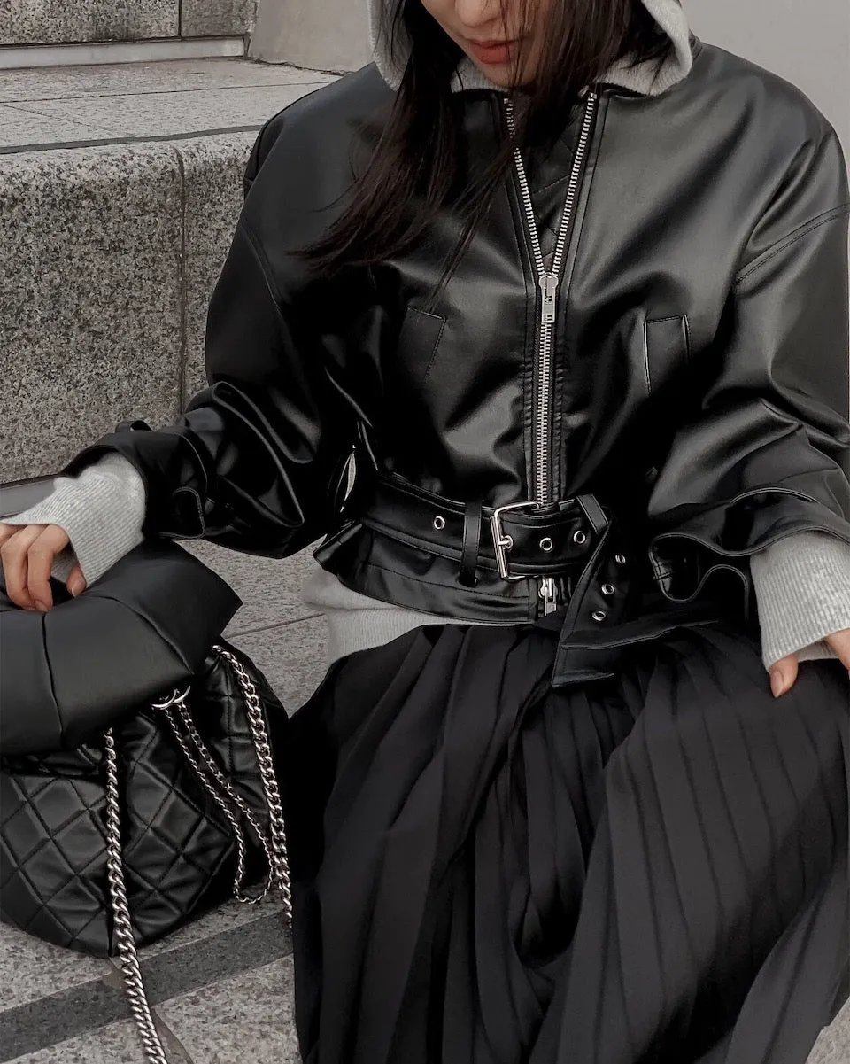 CROPPED VEGAN LEATHER BOMBER JACKET