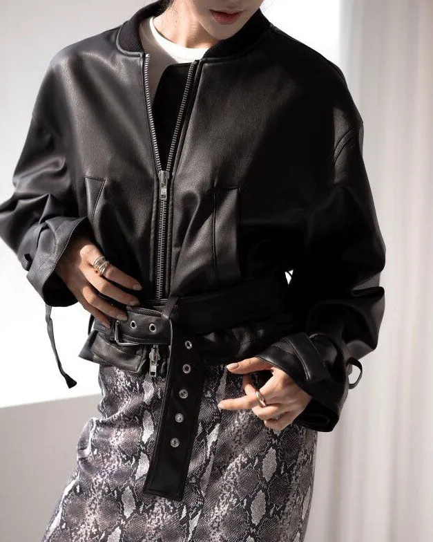 CROPPED VEGAN LEATHER BOMBER JACKET