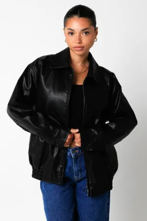 Drew Black Leather Collard Bomber Jacket