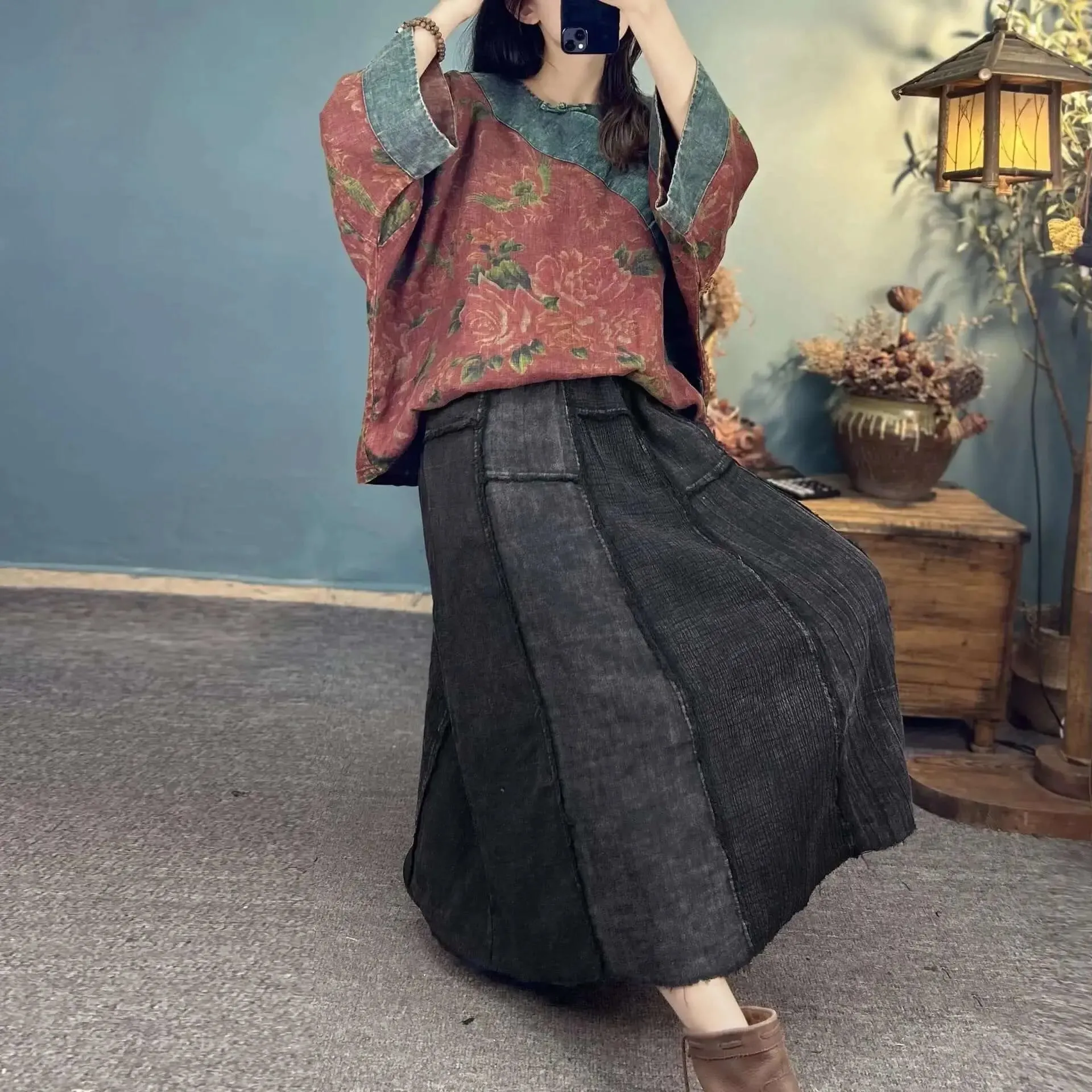 elastic waist skirt Loose-fit Black Linen A-Line Skirt