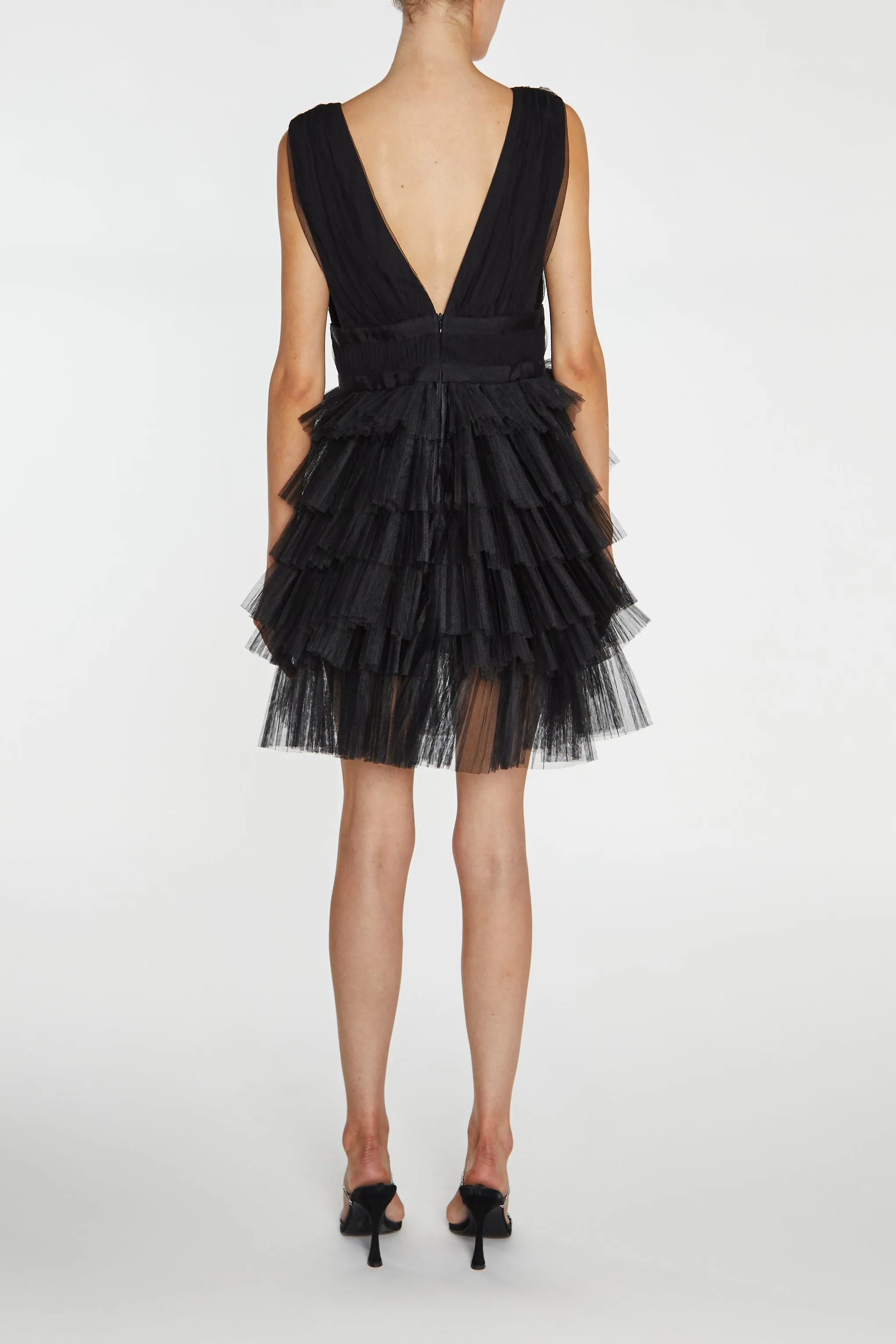 Elle Black Plunge-Front Tiered Tulle Mini-Dress