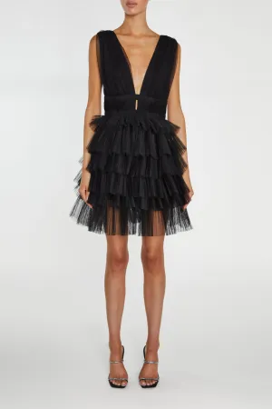 Elle Black Plunge-Front Tiered Tulle Mini-Dress
