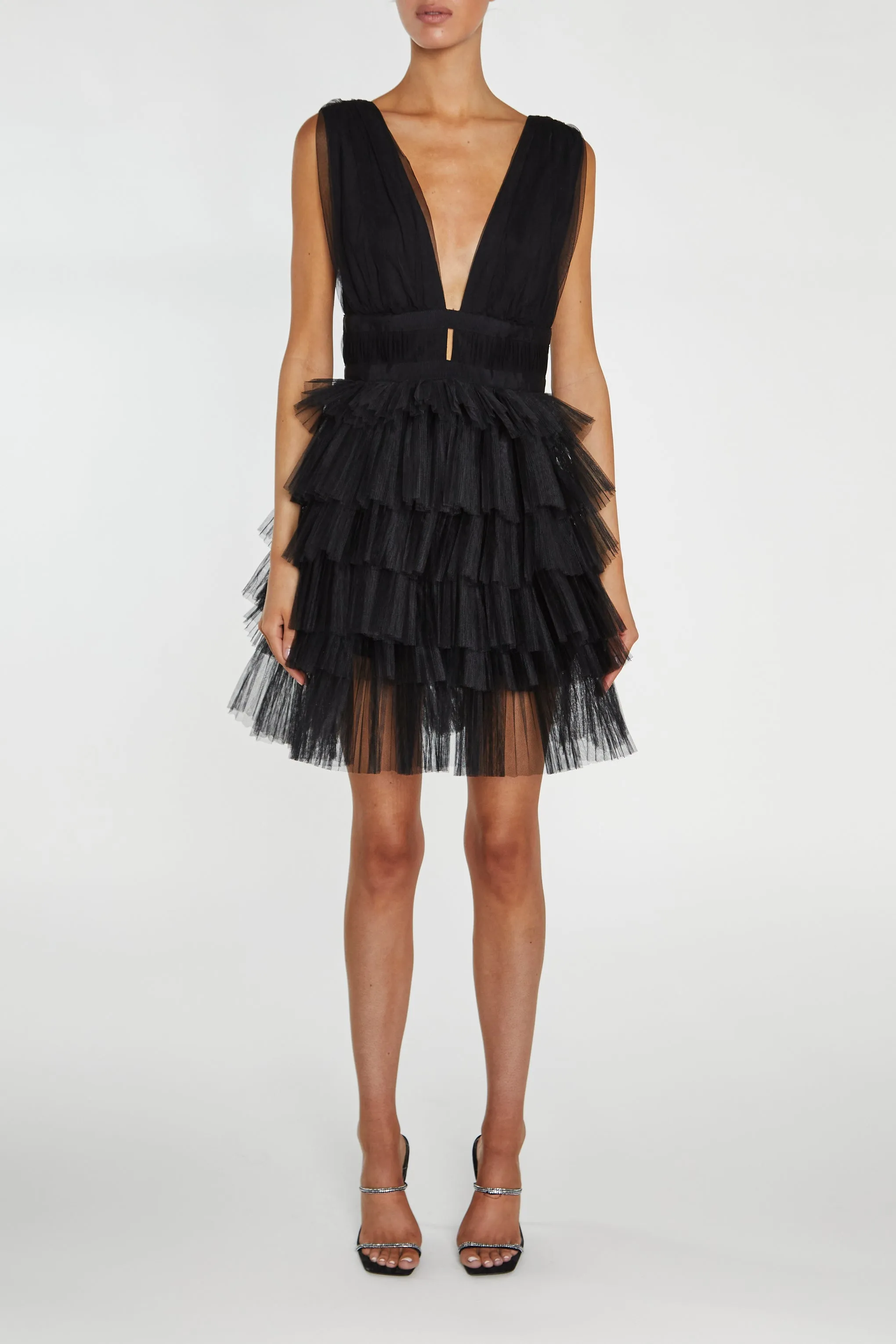 Elle Black Plunge-Front Tiered Tulle Mini-Dress