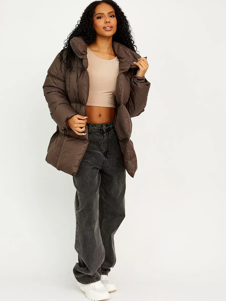 Ellie Oversized Padded Jacket With Belt In Brown
