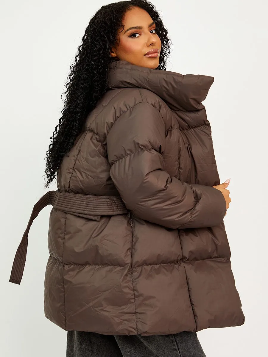 Ellie Oversized Padded Jacket With Belt In Brown
