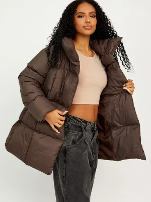 Ellie Oversized Padded Jacket With Belt In Brown