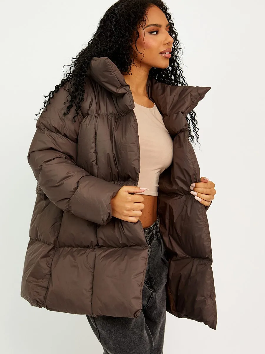 Ellie Oversized Padded Jacket With Belt In Brown