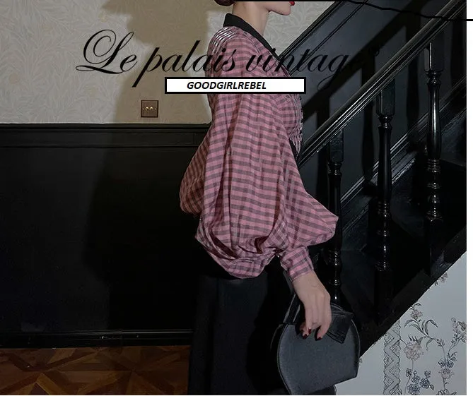 Le Palais Vintage Balloon Sleeve Slim Fit Shirt Black High Waist Slit Pencil Skirt-Ola