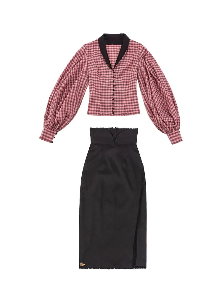 Le Palais Vintage Balloon Sleeve Slim Fit Shirt Black High Waist Slit Pencil Skirt-Ola