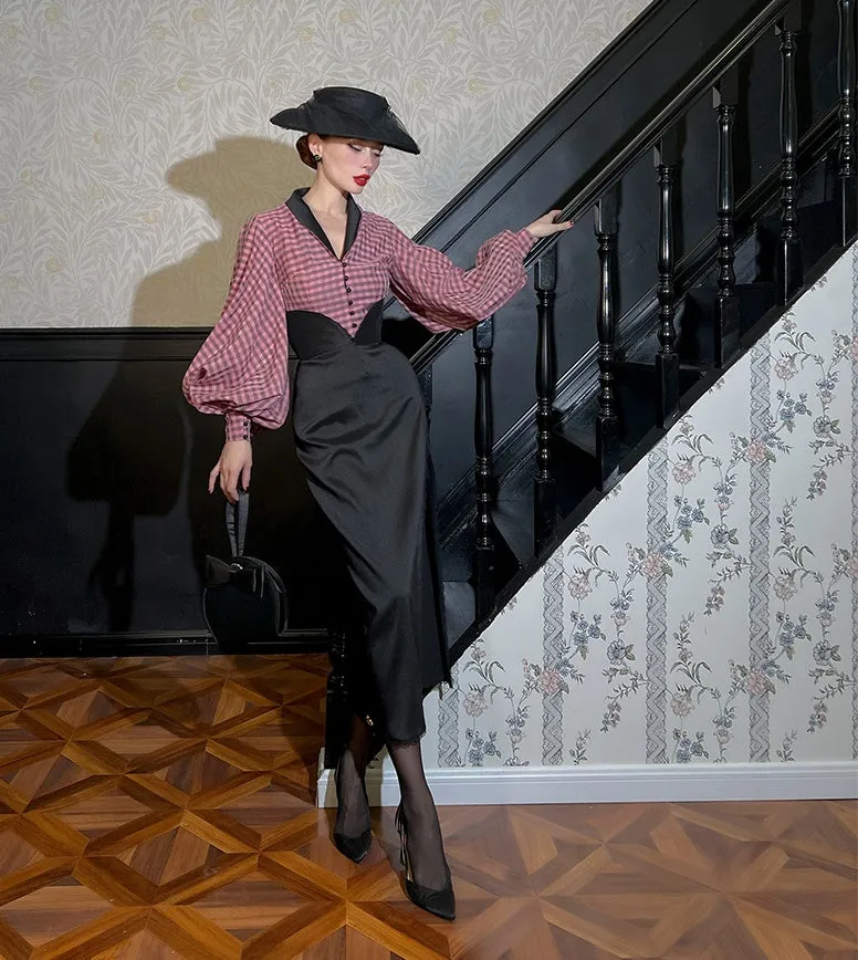 Le Palais Vintage Balloon Sleeve Slim Fit Shirt Black High Waist Slit Pencil Skirt-Ola