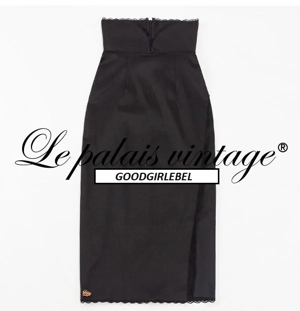 Le Palais Vintage Balloon Sleeve Slim Fit Shirt Black High Waist Slit Pencil Skirt-Ola