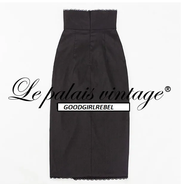 Le Palais Vintage Balloon Sleeve Slim Fit Shirt Black High Waist Slit Pencil Skirt-Ola