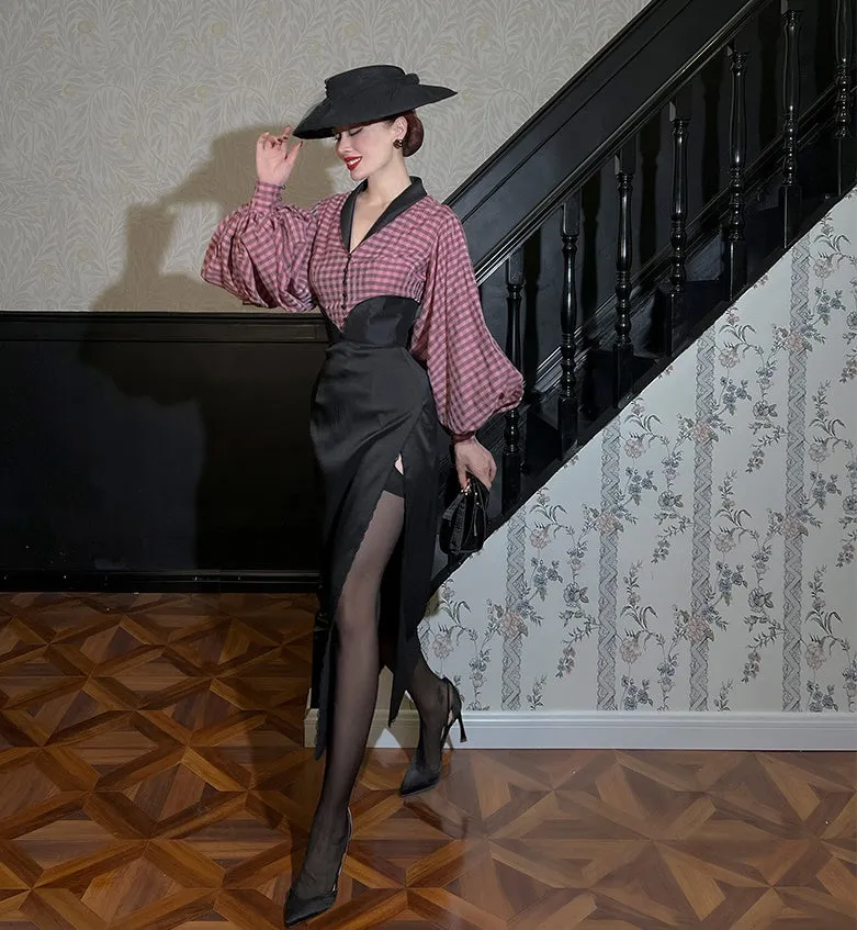 Le Palais Vintage Balloon Sleeve Slim Fit Shirt Black High Waist Slit Pencil Skirt-Ola