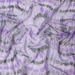 Light lavender synthetic chiffon fabric having tie and die print with metallic lurex in abstract design-D10337