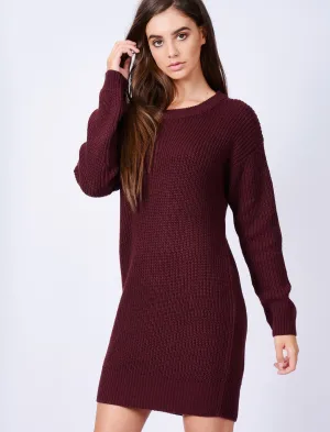 Lion Longline Jumper Dress with Tie Back Detail in Wine / Burgundy - Tokyo Laundry