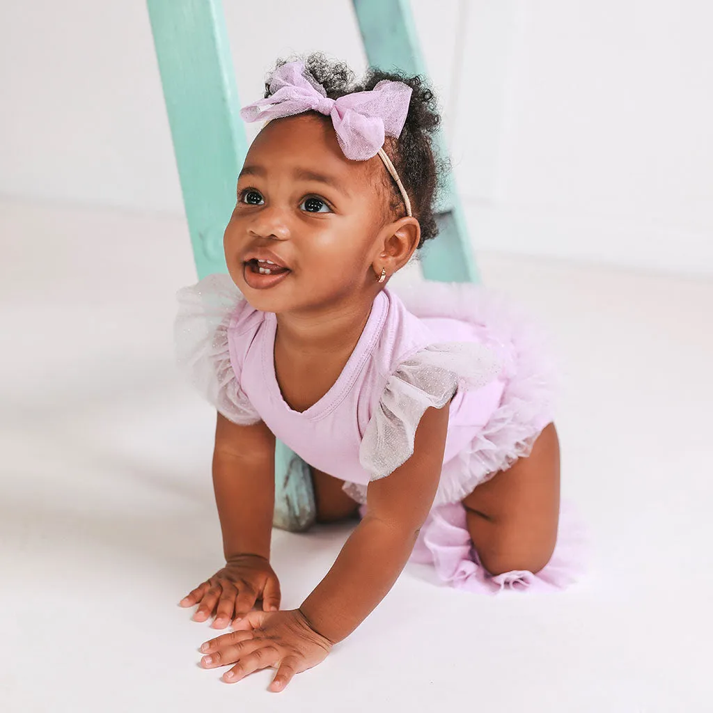 Lovely Lavender Tulle Sleeve Ruffled Back Bodysuit