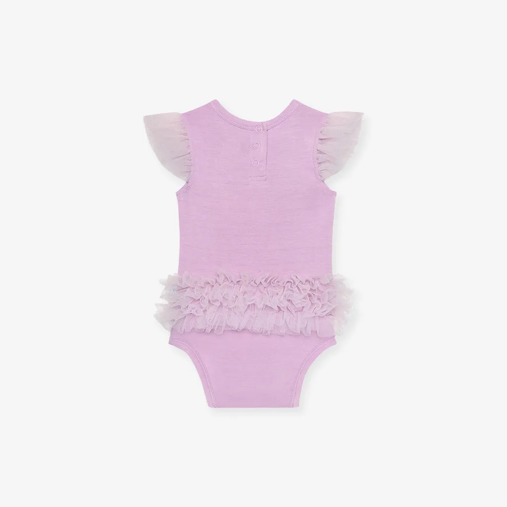 Lovely Lavender Tulle Sleeve Ruffled Back Bodysuit