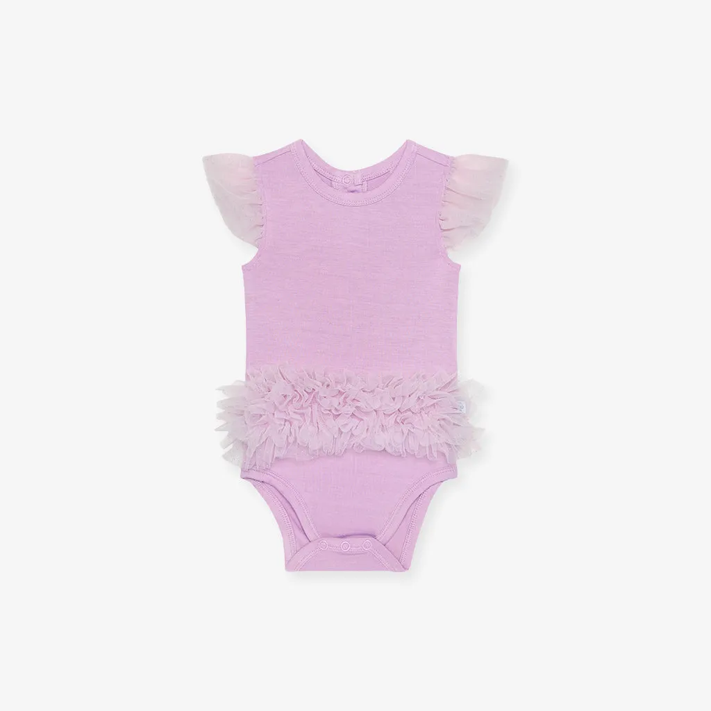 Lovely Lavender Tulle Sleeve Ruffled Back Bodysuit