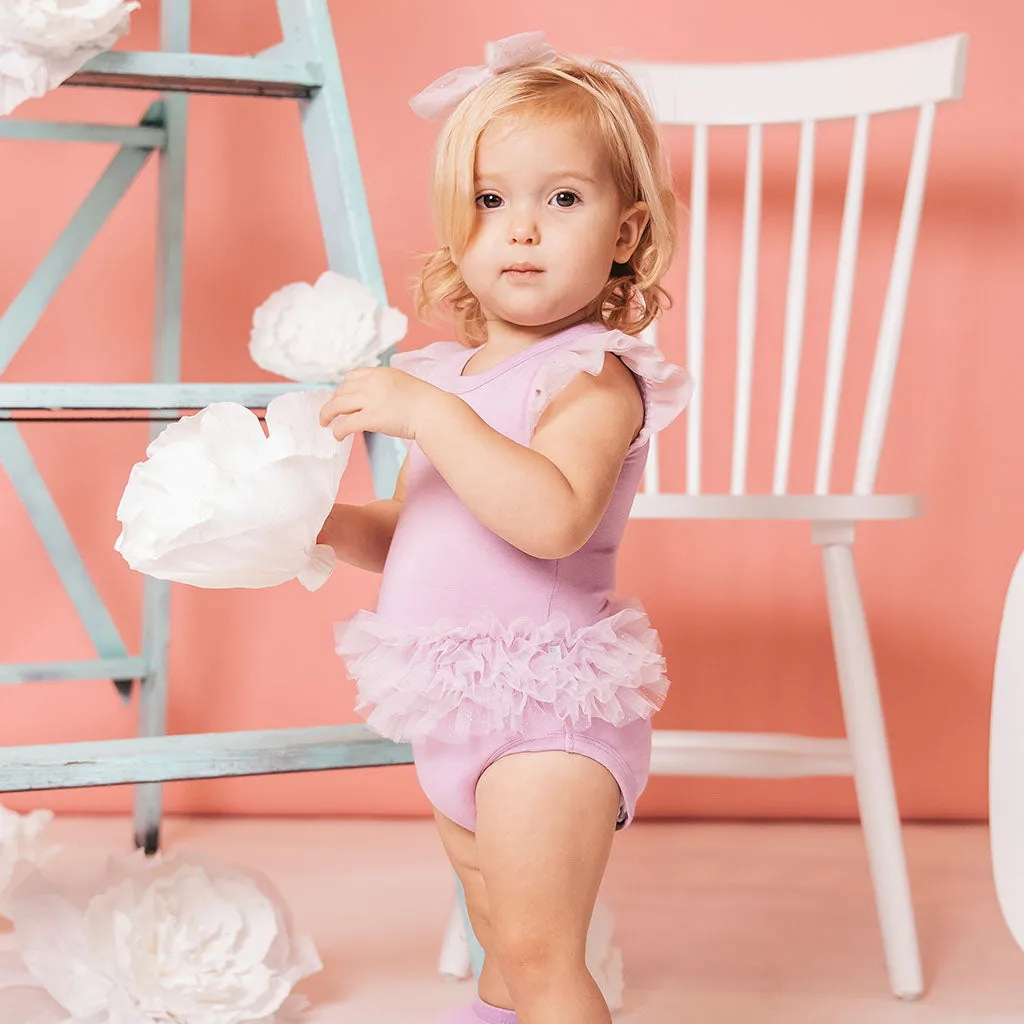 Lovely Lavender Tulle Sleeve Ruffled Back Bodysuit