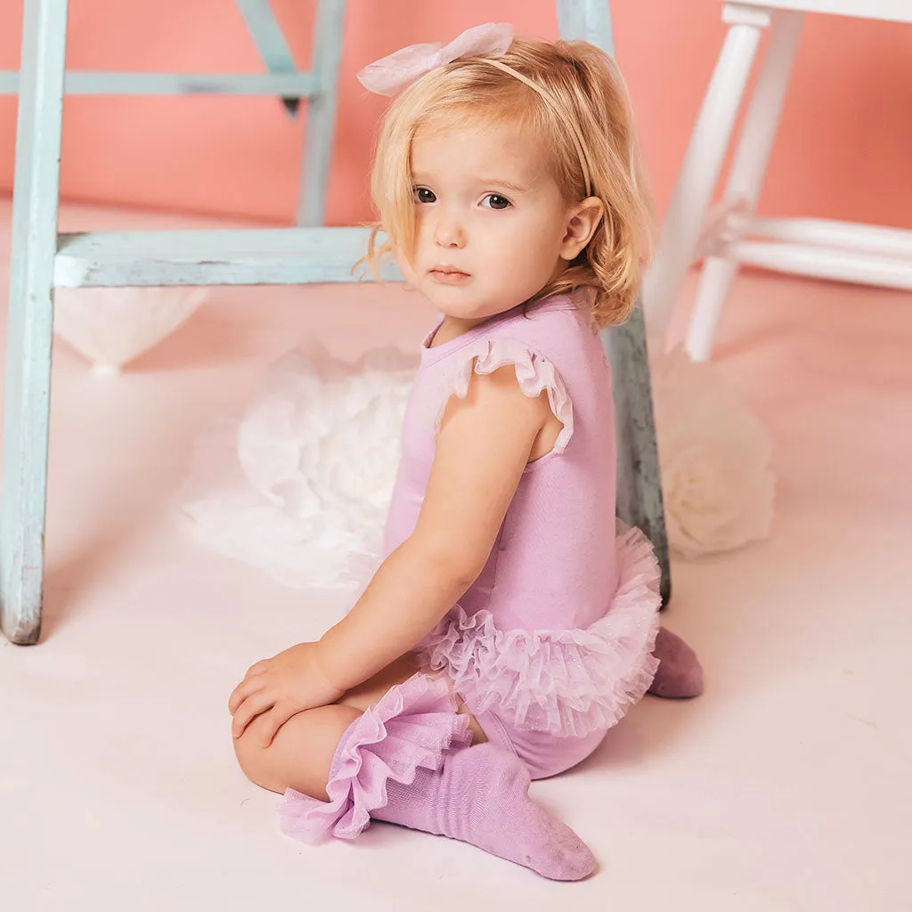 Lovely Lavender Tulle Sleeve Ruffled Back Bodysuit