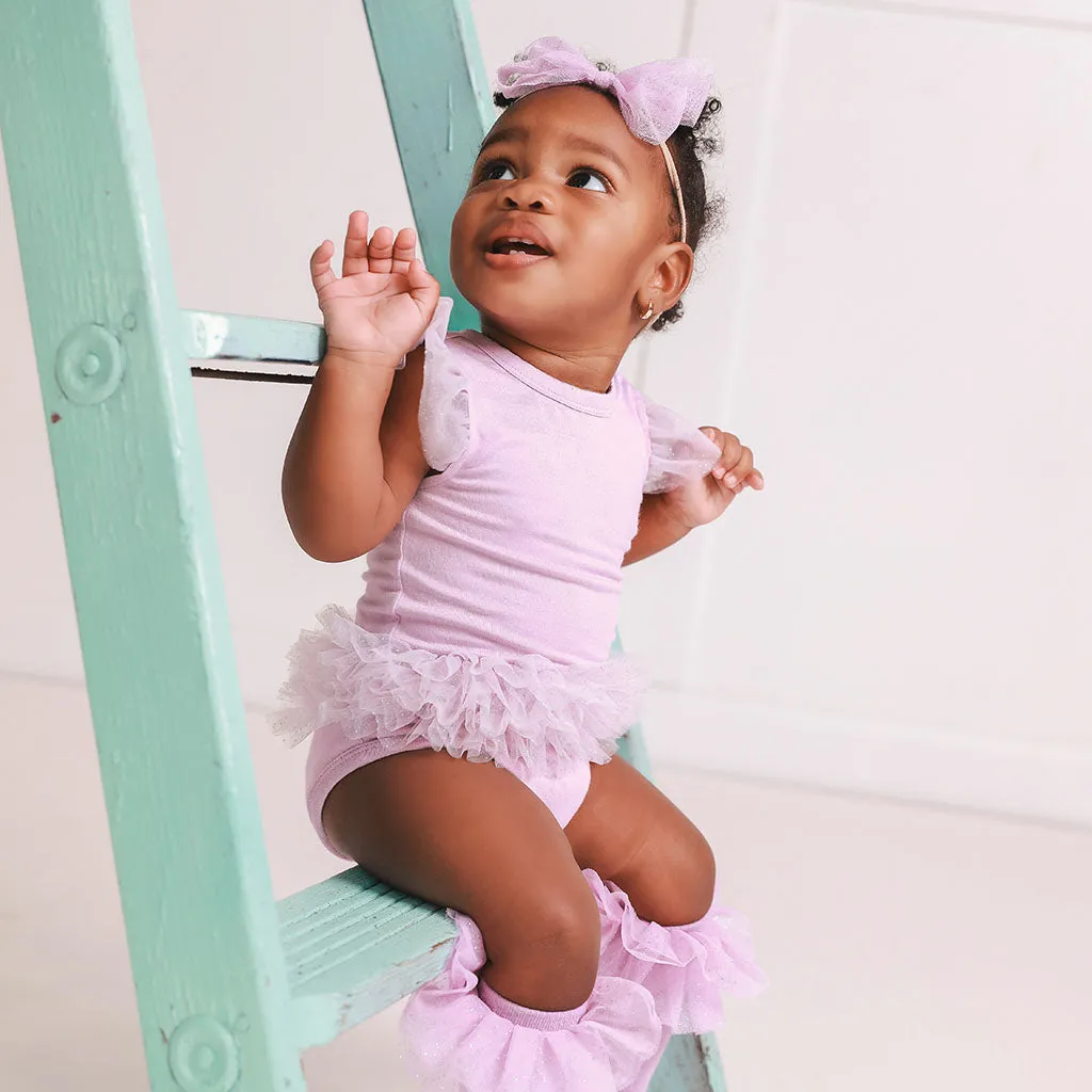 Lovely Lavender Tulle Sleeve Ruffled Back Bodysuit