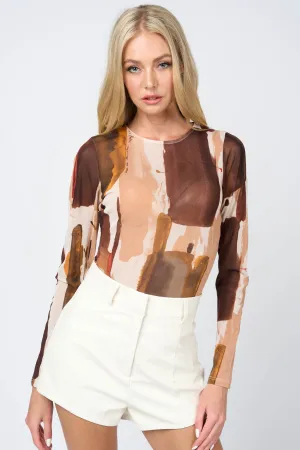 LUXE ABSTRACT GLITTER MESH ROUND NECK BODYSUIT TOP