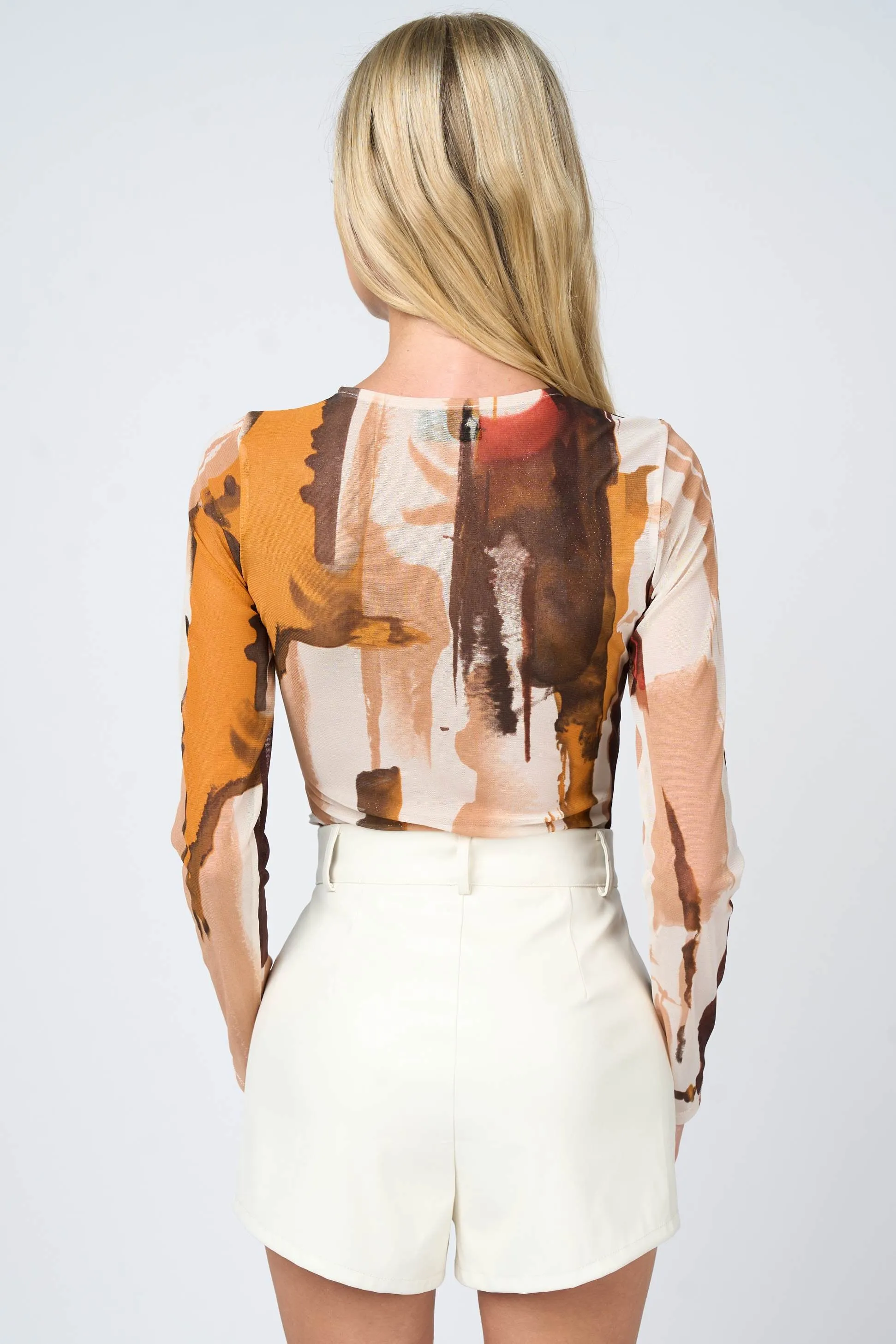 LUXE ABSTRACT GLITTER MESH ROUND NECK BODYSUIT TOP