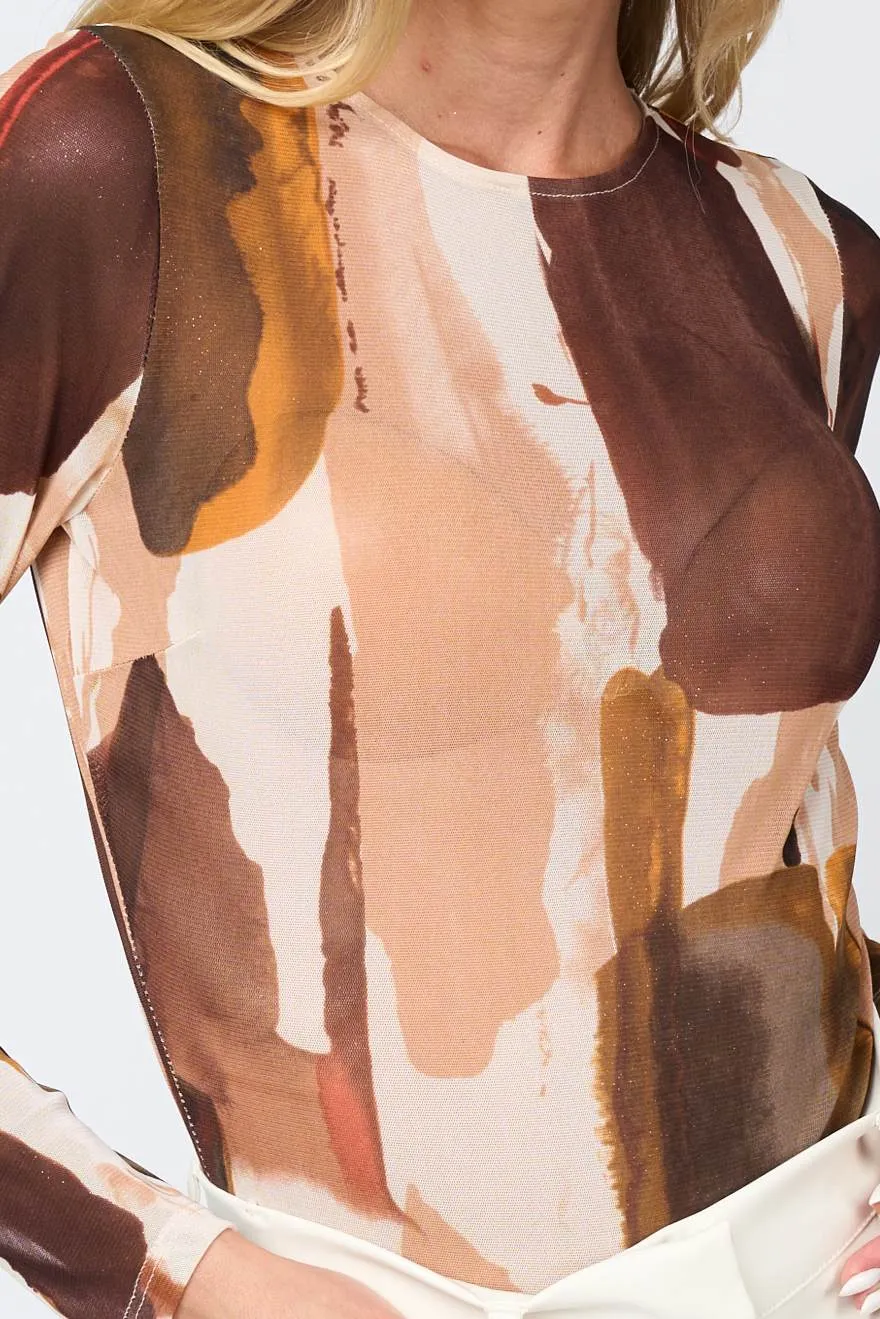 LUXE ABSTRACT GLITTER MESH ROUND NECK BODYSUIT TOP